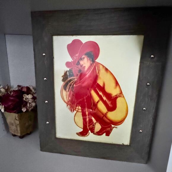 Cowgirl Pin-Up Western Wall Art in Barnwood Frame | Double-Sided Rustic Decor - Picture 1 of 9